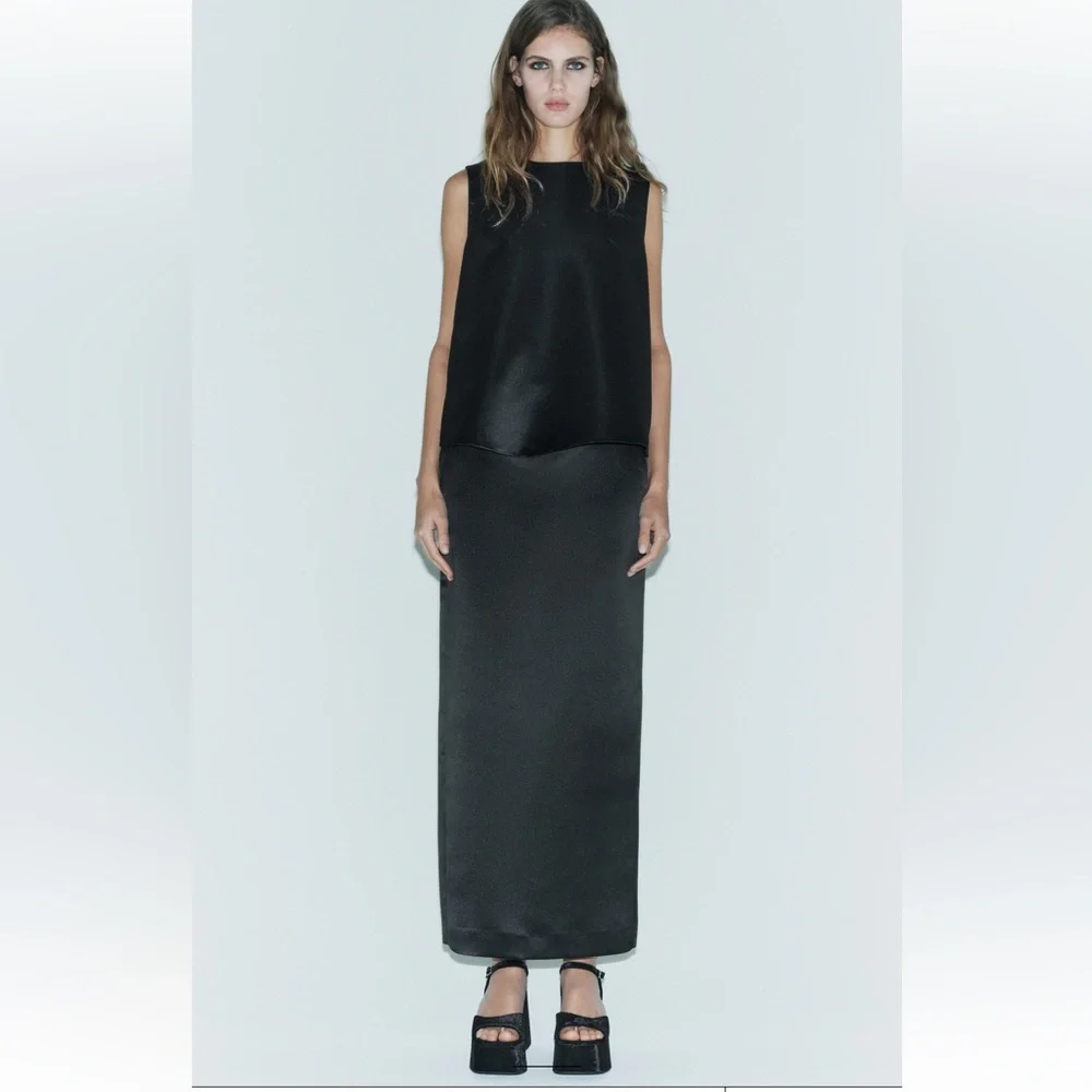 Zara Black Satin Effect high waist Midi Skirt Back Slit Limited Edition XS NWT